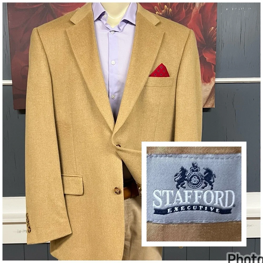 Vintage Stafford Camel Hair Blazer Jacket Sport Coat Mens 44L Long Khaki